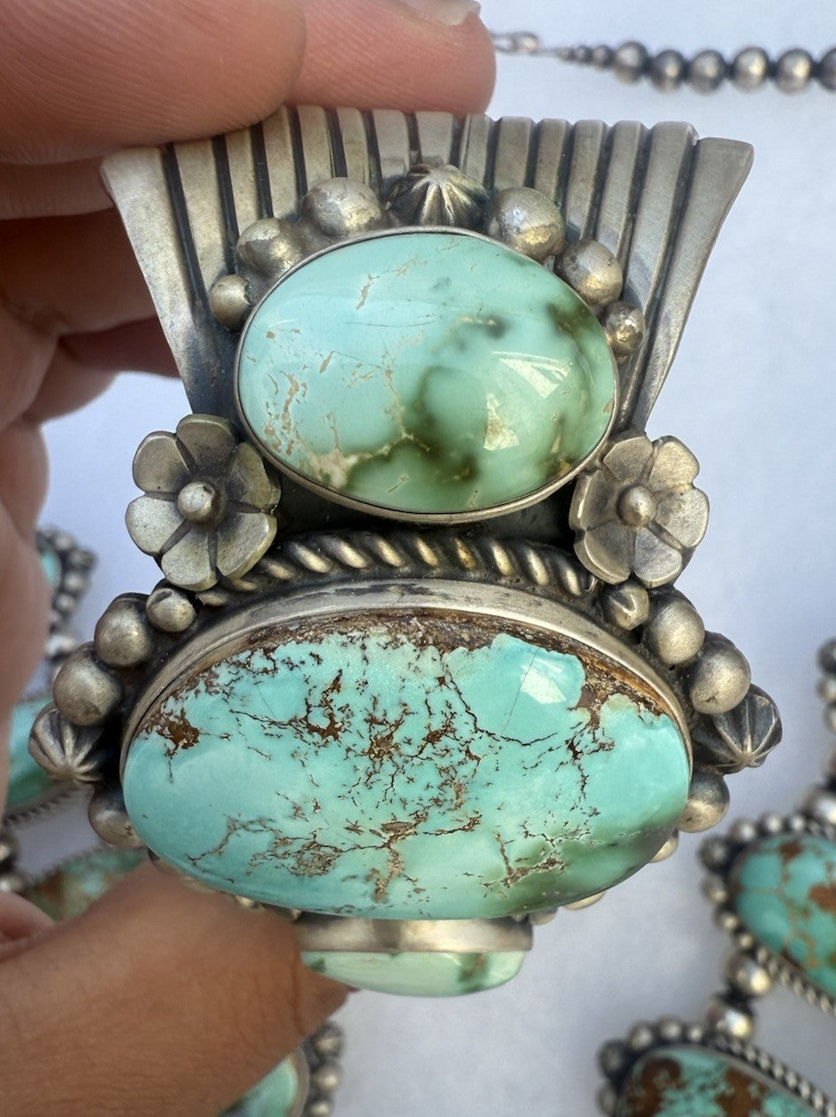 Native American Turquoise &Sterling Squash Blossom Jewelry Set By Maynard Garcia12