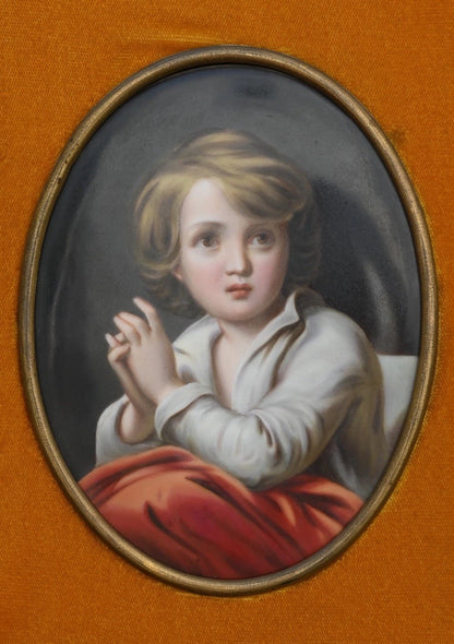 Beautiful German Antique 1900s Porcelain Framed Plaque of Young Boy1