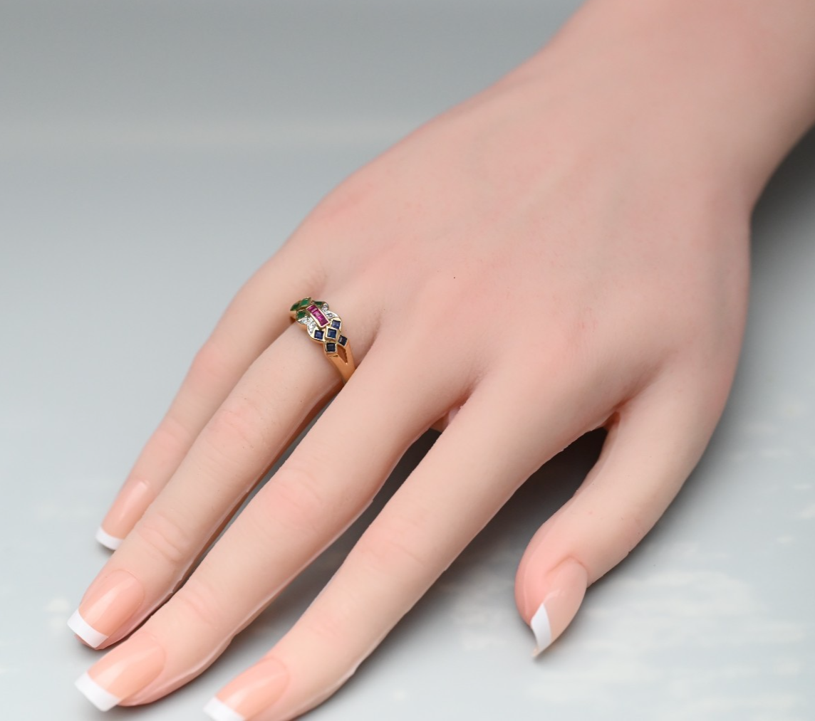 Mosaic Design Multi-gemstone Emeralds, Sapphires, Rubies, & Diamonds 14k YG Ring3