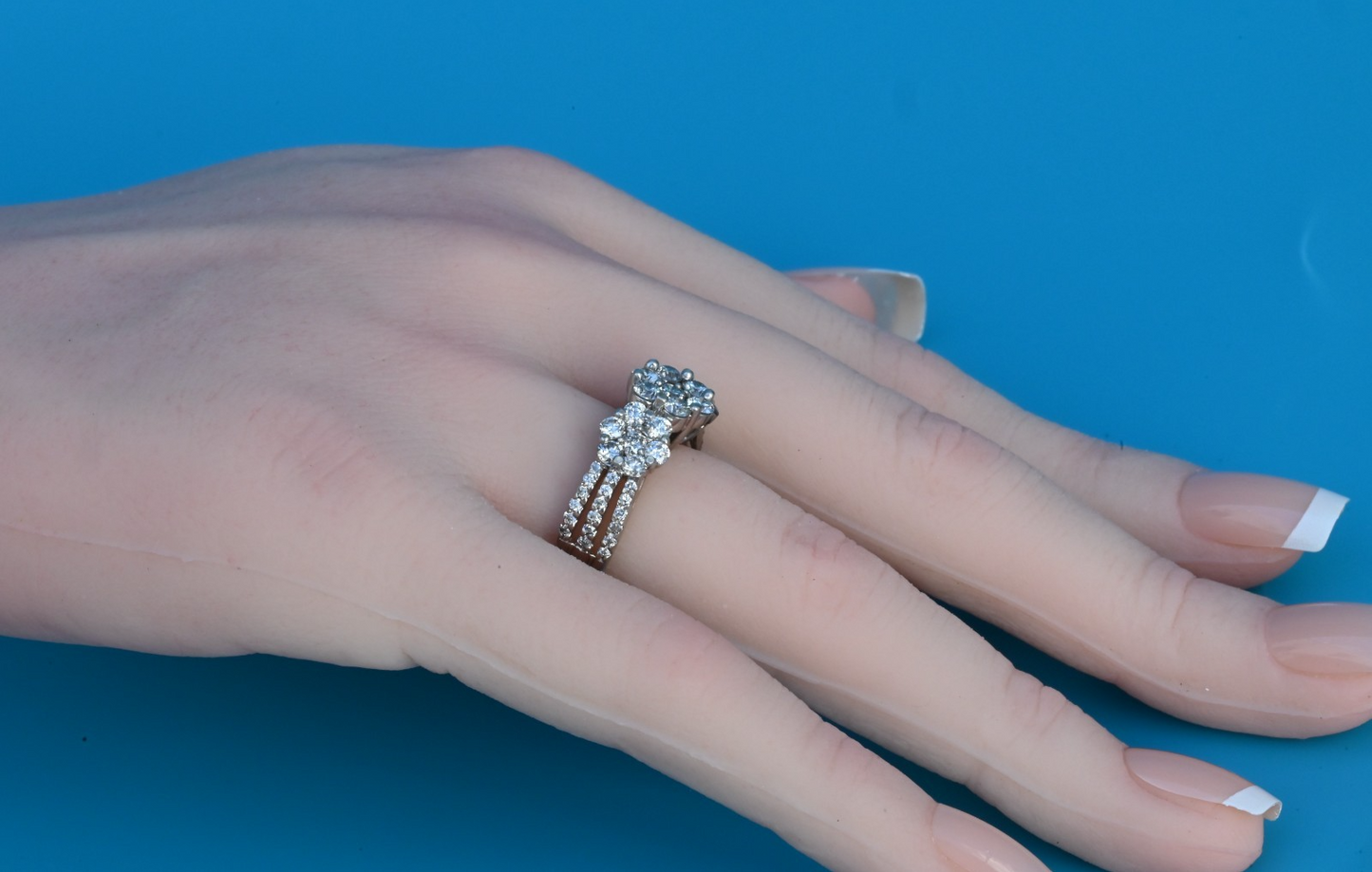 Gorgeous 14K White Gold 2TW Diamond Cluster Ring in Triple Flower Design4