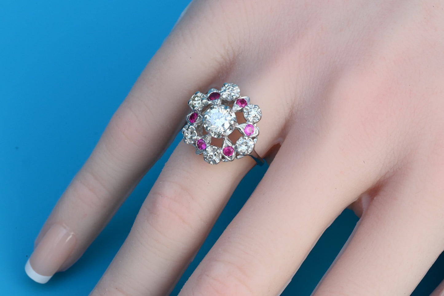 Stunning 14K White Gold .50ct Diamond Ring with Floral Halo of Rubies & Diamonds5