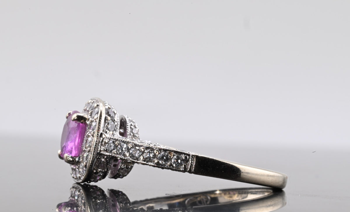 Vintage 1 ct Natural Pink Sapphire & Halo Diamond Ring 14K W  Gold IGI Certified6