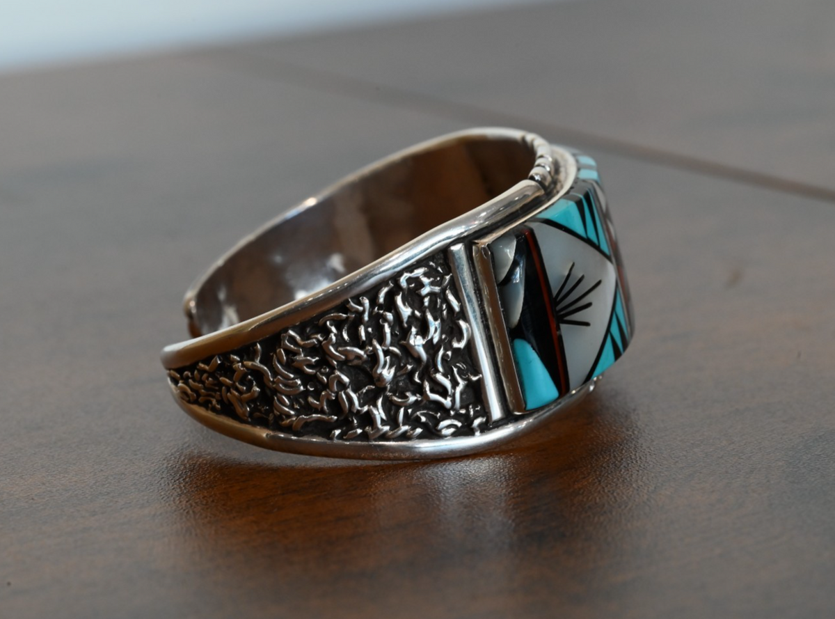 Vintage Native American Navajo Turquoise Mosaic Inlay Cuff by Tommy Jackson4