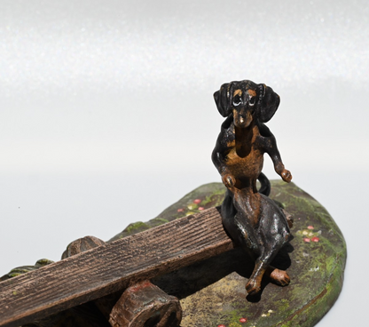 Vintage Austrian Vienna Cold Painted Bronze of Dachshund Dogs Playing Seesaw7