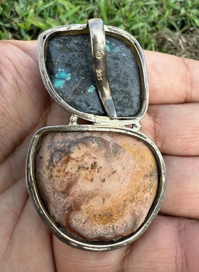 Southwestern Style Sterling Silver Pendant W Ammonite Fossil & Carved Turquoise4