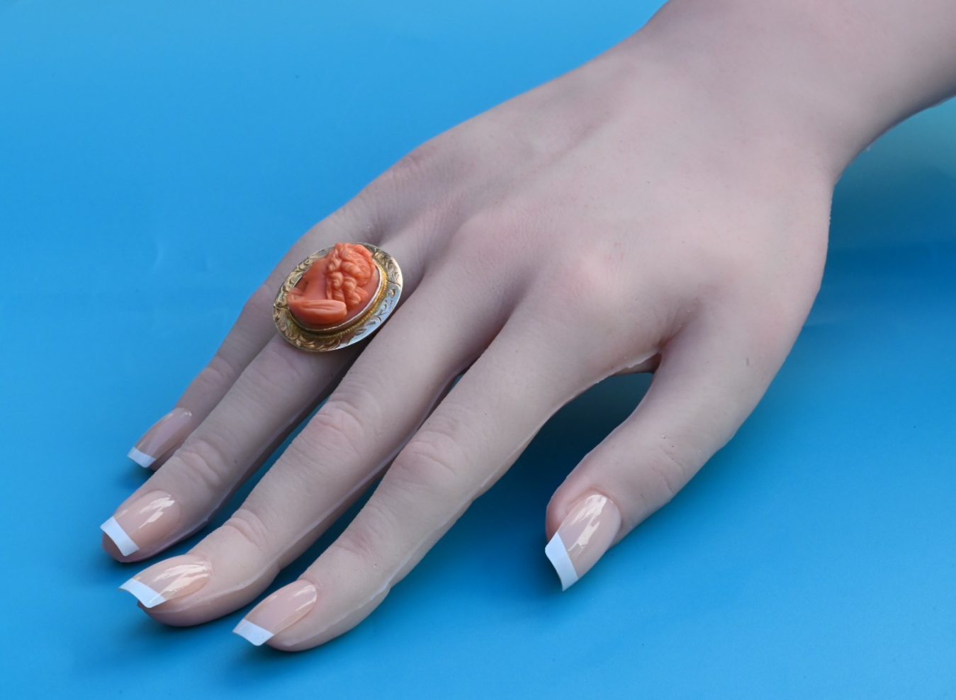 Antique 1900s Italian Carved Natural Red Coral Cameo Ring in 10K Yellow Gold3