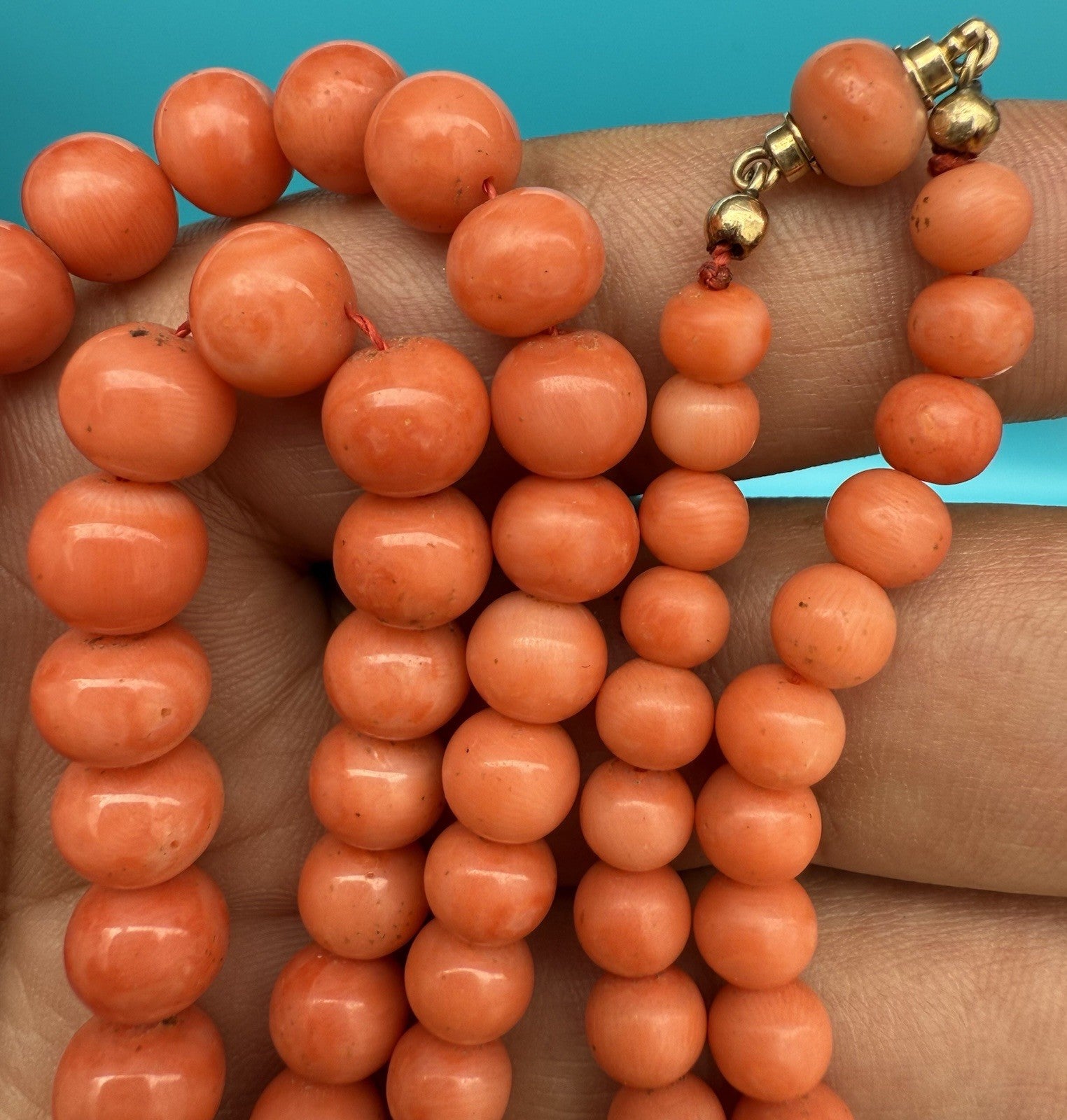 Gorgeous Natural Italian Light Red Round Coral Beaded Necklace With Gold Clasp5