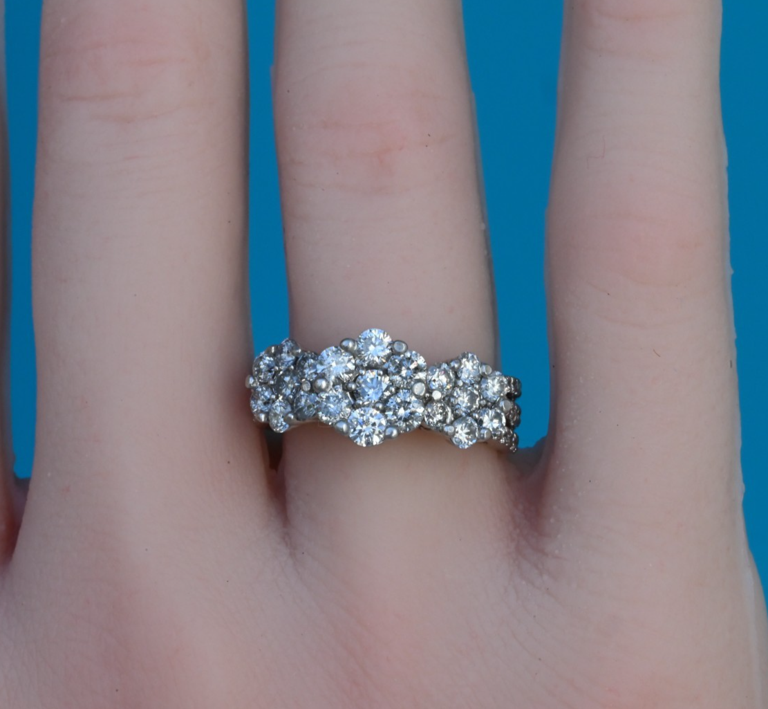 Gorgeous 14K White Gold 2TW Diamond Cluster Ring in Triple Flower Design3