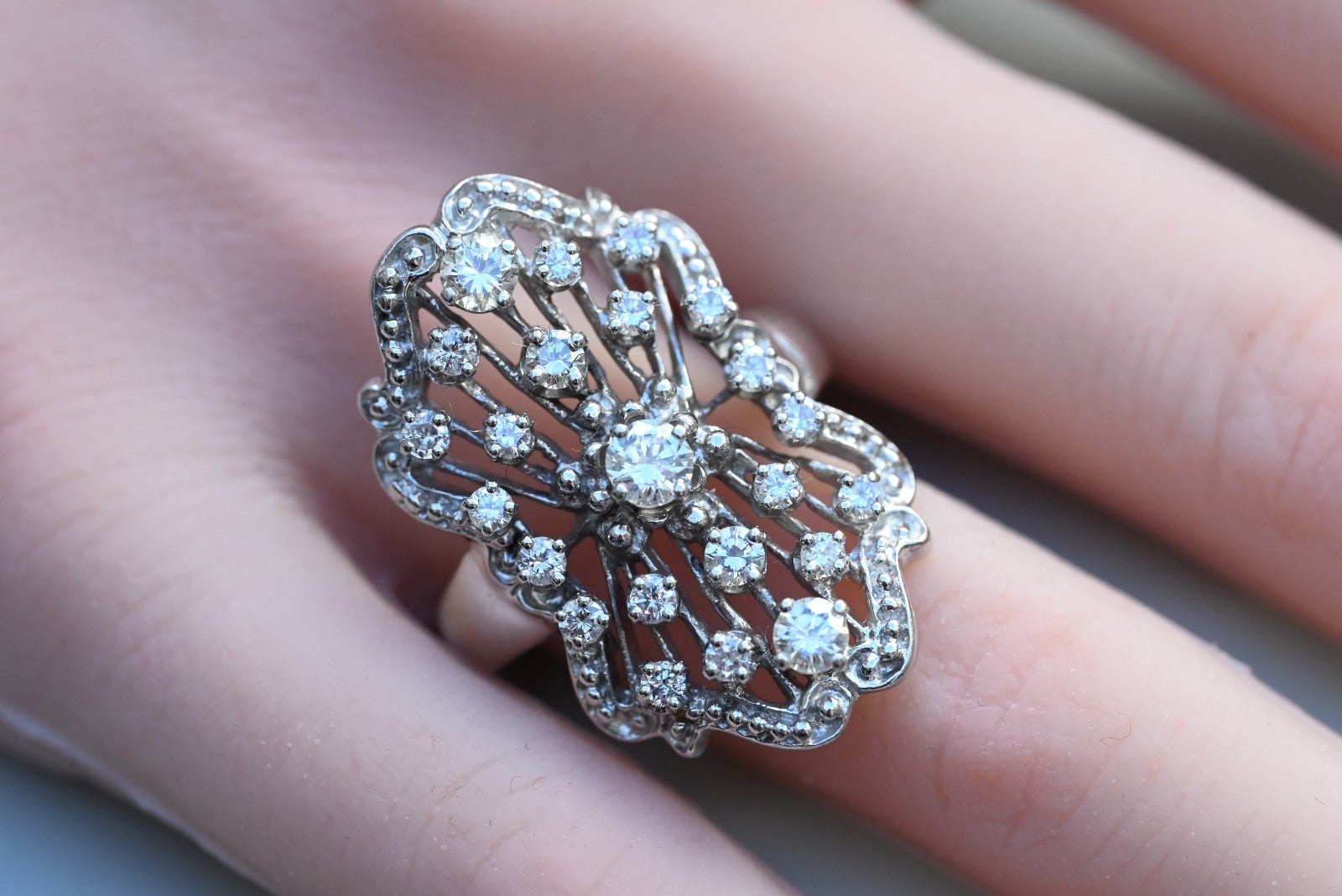 Amazing 14k WG Cocktail Ring in Art Deco Filigree Style with Cluster of Diamonds0