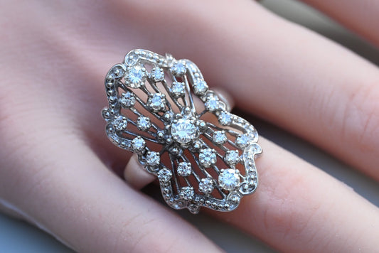 Amazing 14k WG Cocktail Ring in Art Deco Filigree Style with Cluster of Diamonds0