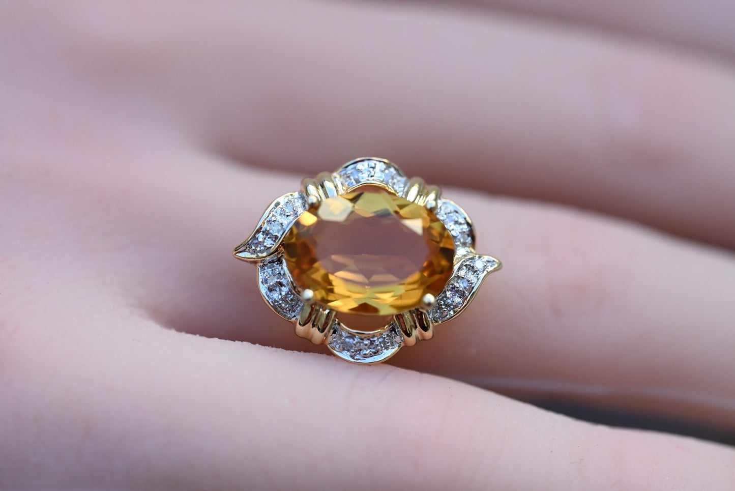 Eye-catching Vintage Faceted Citrine Cocktail Ring with Halo of Diamonds 14k YG3