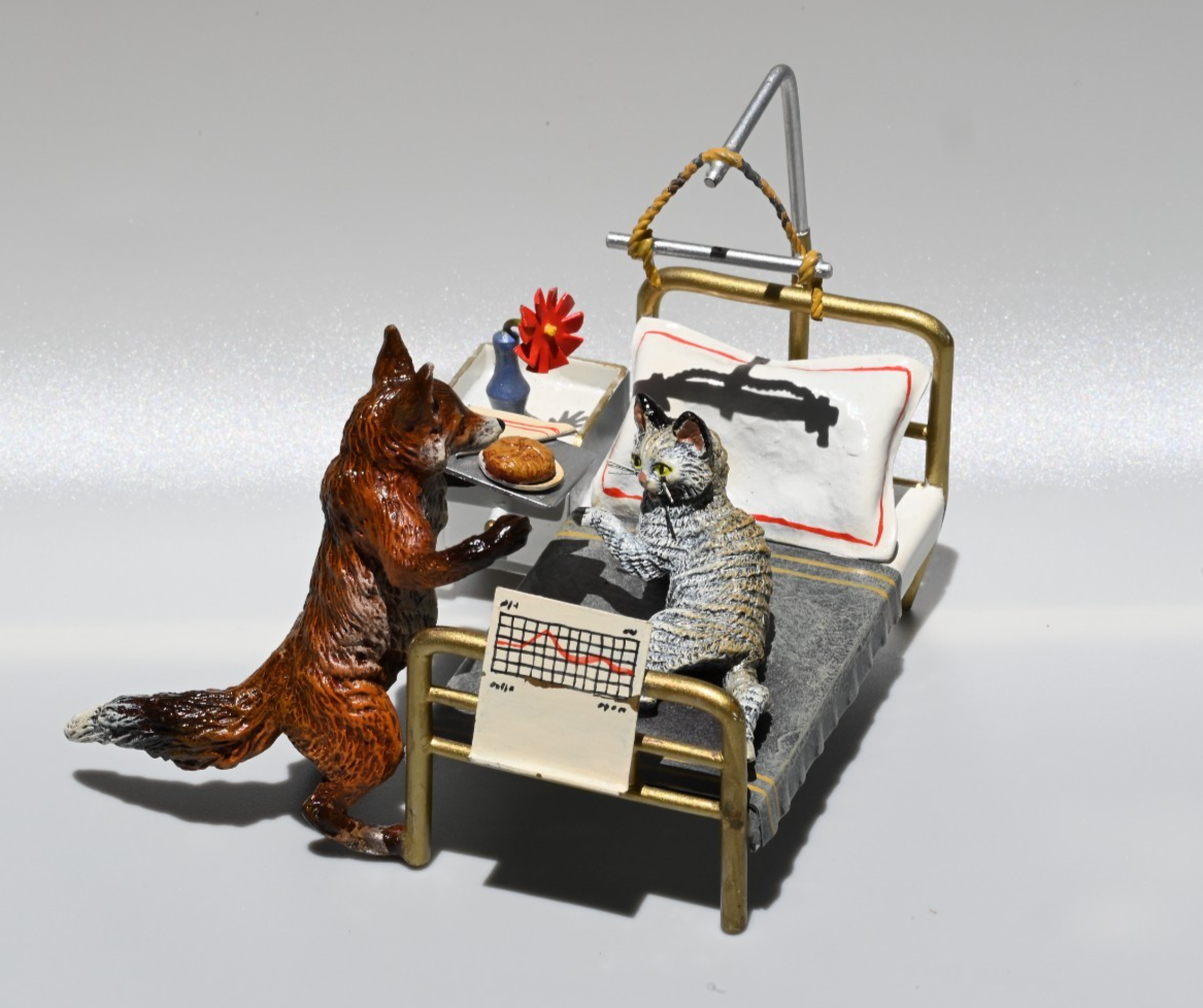 Rare Austrian Vienna Cold Painted Bronze Figure of Fox & Cat in Hospital0