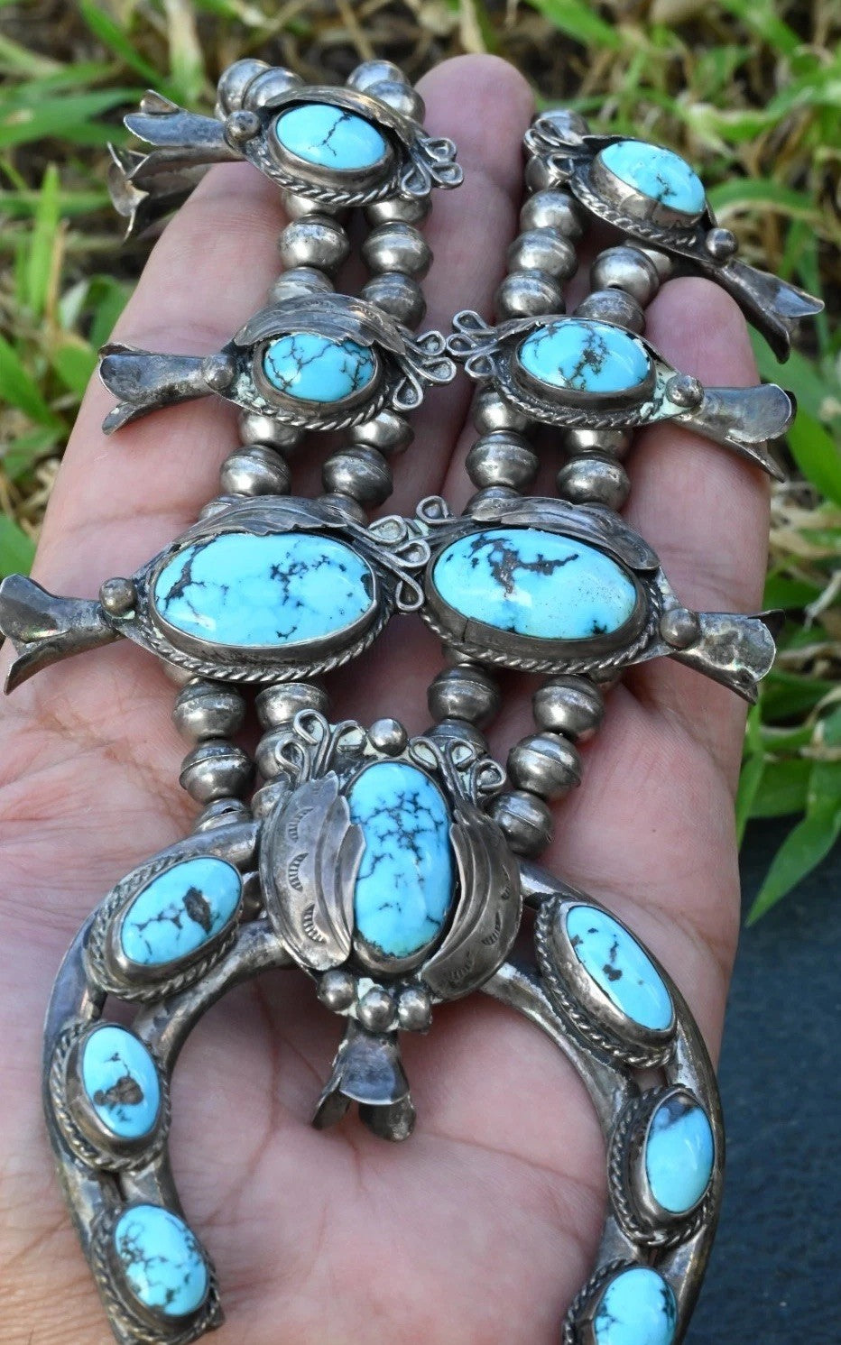 Early Native American Blue Turquoise & Sterling Silver Squash Blossom Necklace6