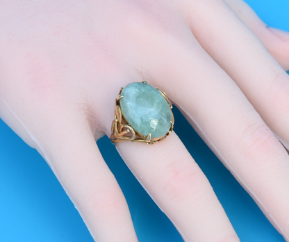 Lovely Muted Green Jade Cabochon set in a Decorative 14K Yellow Gold Mounting4