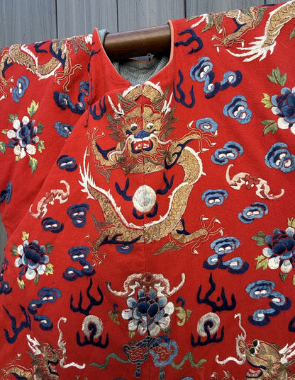 Antique Qing Dynasty Chinese Silk Embroidery Red Dragon Winter Robe2