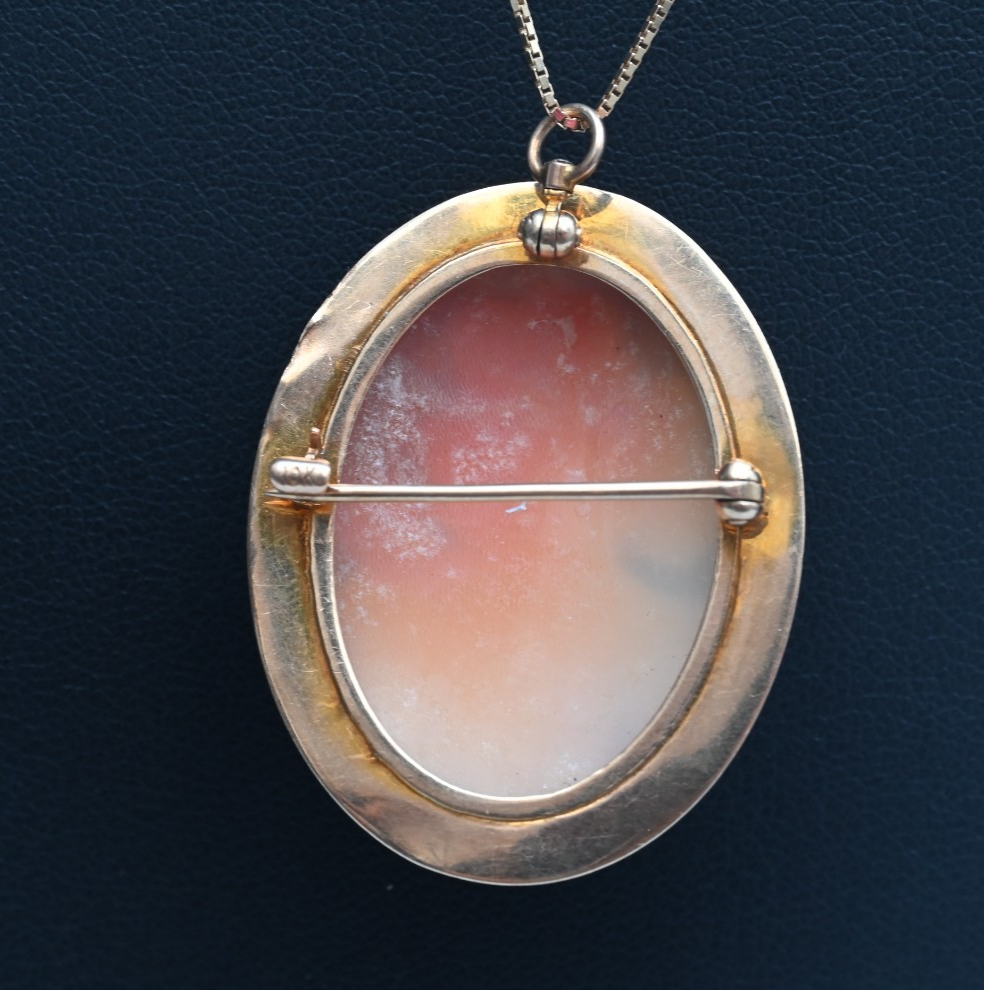 Antique 1900s Carved Shell Cameo Portrait of Woman Set in 10K Yellow Gold3