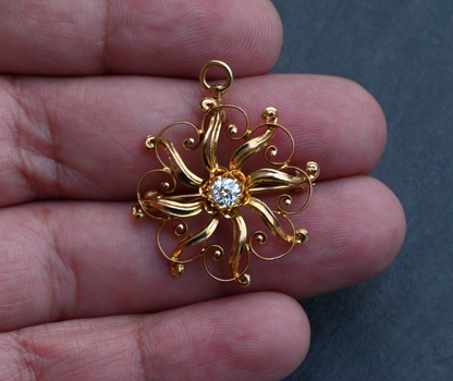 Lovely Antique Victorian-era 14K Starburst Brooch & Pendant w/ Mine Cut Diamond2
