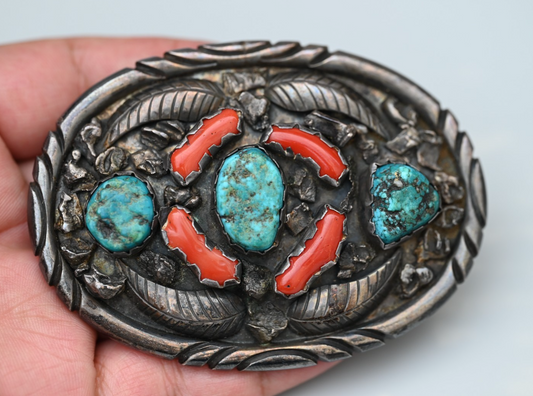 Signed R. Spencer Native American Sterling Silver Belt Buckle Turquoise & Coral1