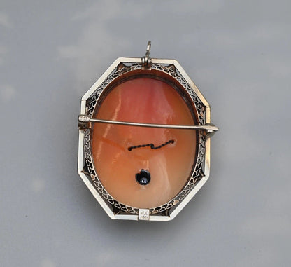 Gorgeous Carved Shell Cameo Brooch Pendant With Diamond Necklace 14K White Gold4