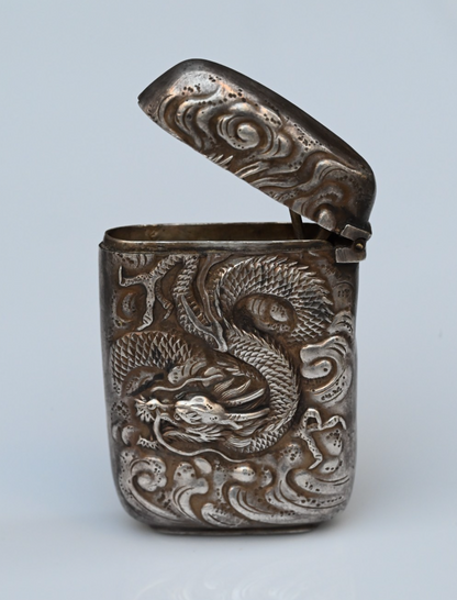 Extremely Detailed Antique Japanese Export Repoussé Silver Vesta Match Safe Case1