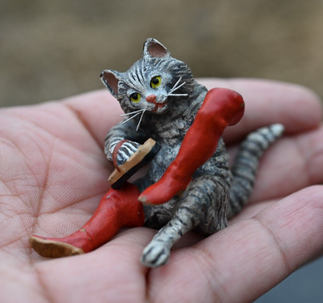 Vintage Austrian Vienna Cold Painted Bronze of Small Cat Cleaning Red Boots0