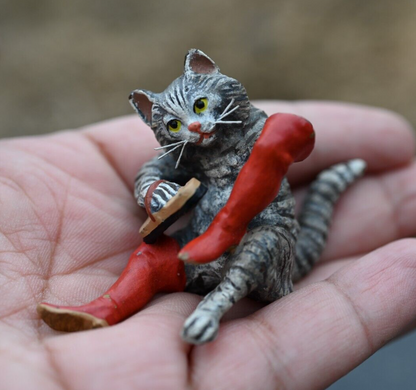 Vintage Austrian Vienna Cold Painted Bronze of Small Cat Cleaning Red Boots0