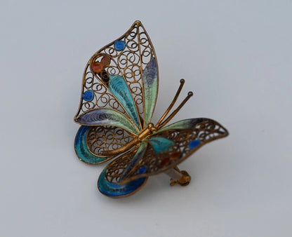 Gorgeous Gold Gilt 800 Silver Enameled Butterfly Brooch / Pin2
