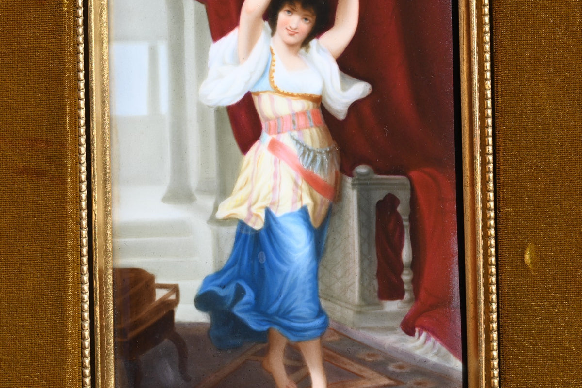 Antique Hand Painted German Porcelain Plaque of Gypsy Girl Holding a Tambourine4