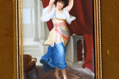 Antique Hand Painted German Porcelain Plaque of Gypsy Girl Holding a Tambourine4