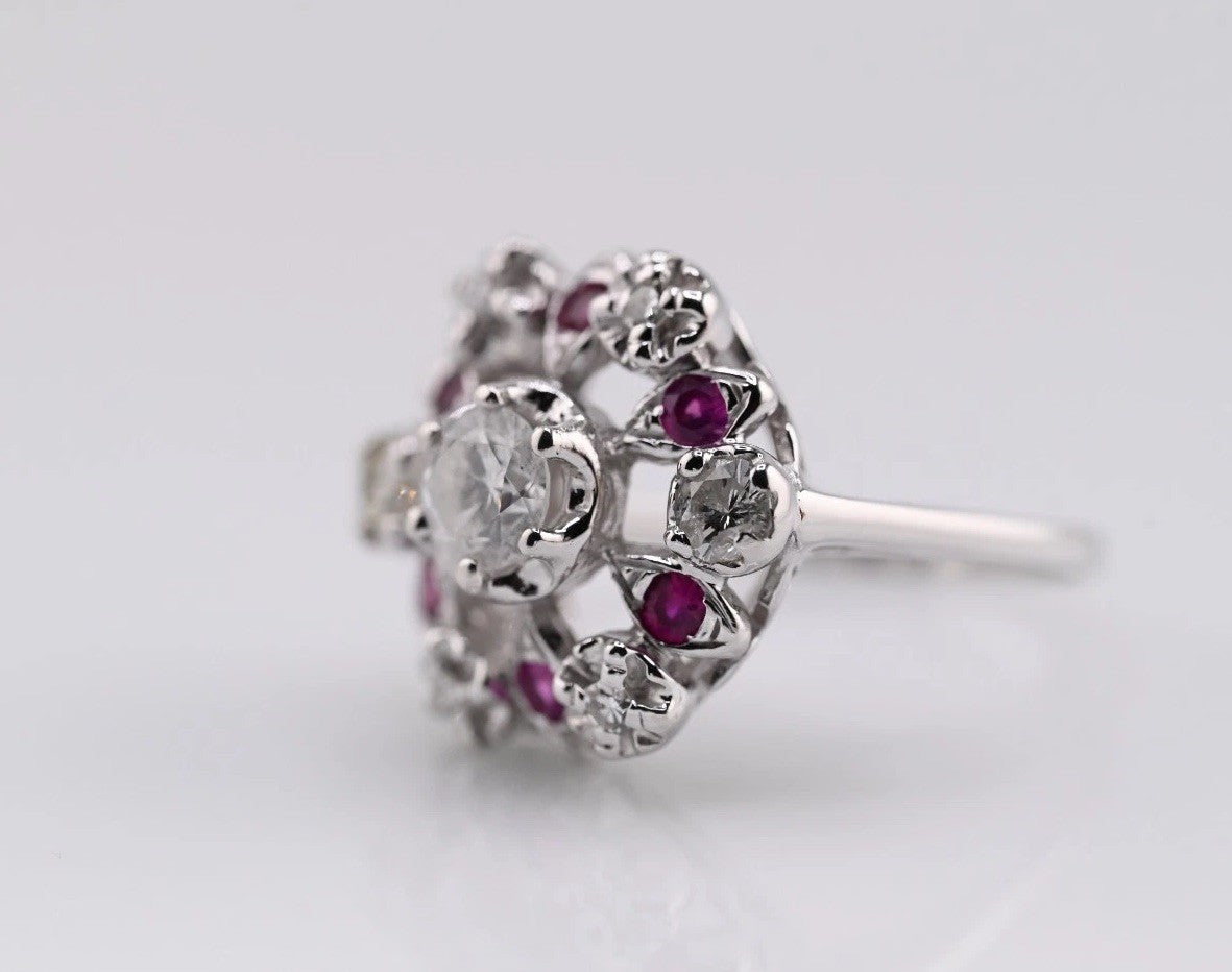 Stunning 14K White Gold .50ct Diamond Ring with Floral Halo of Rubies & Diamonds9
