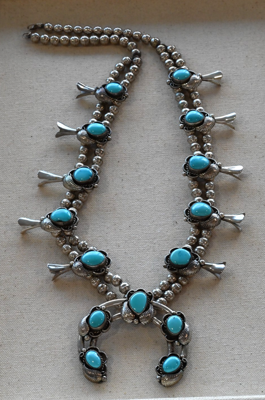Lovely Native American Blue Turquoise & Sterling Silver Squash Blossom Necklace0