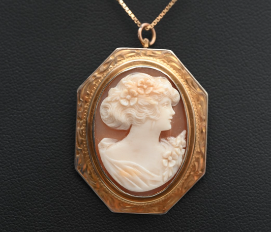 Wonderful Antique Carved Shell Cameo of Beautiful Woman Set in 10K Yellow Gold0
