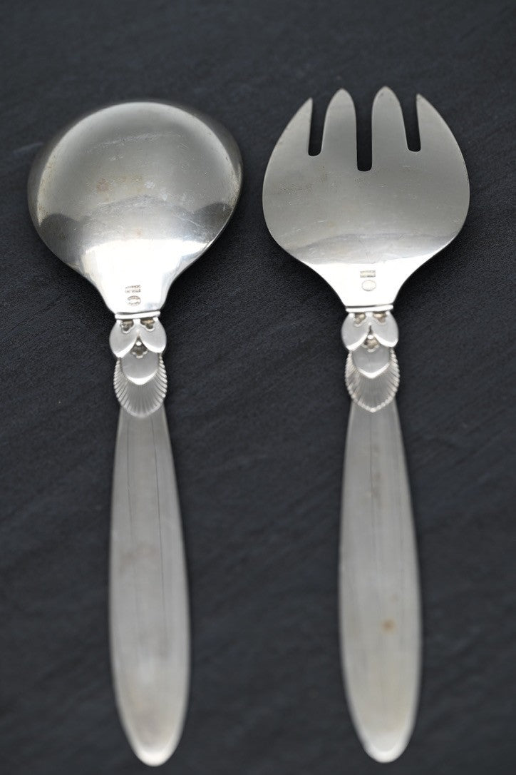 GEORG JENSEN DENMARK "CACTUS" PATTERN STERLING SILVER SALAD-SERVING SET1