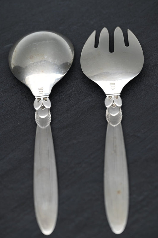 GEORG JENSEN DENMARK "CACTUS" PATTERN STERLING SILVER SALAD-SERVING SET1