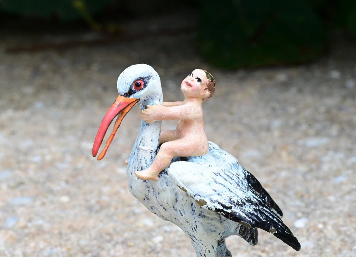Rare Austrian Vienna Cold Painted Bronze Stork With Baby & Four Leaf Clover7