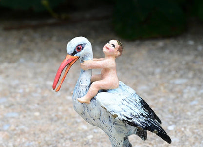 Rare Austrian Vienna Cold Painted Bronze Stork With Baby & Four Leaf Clover7