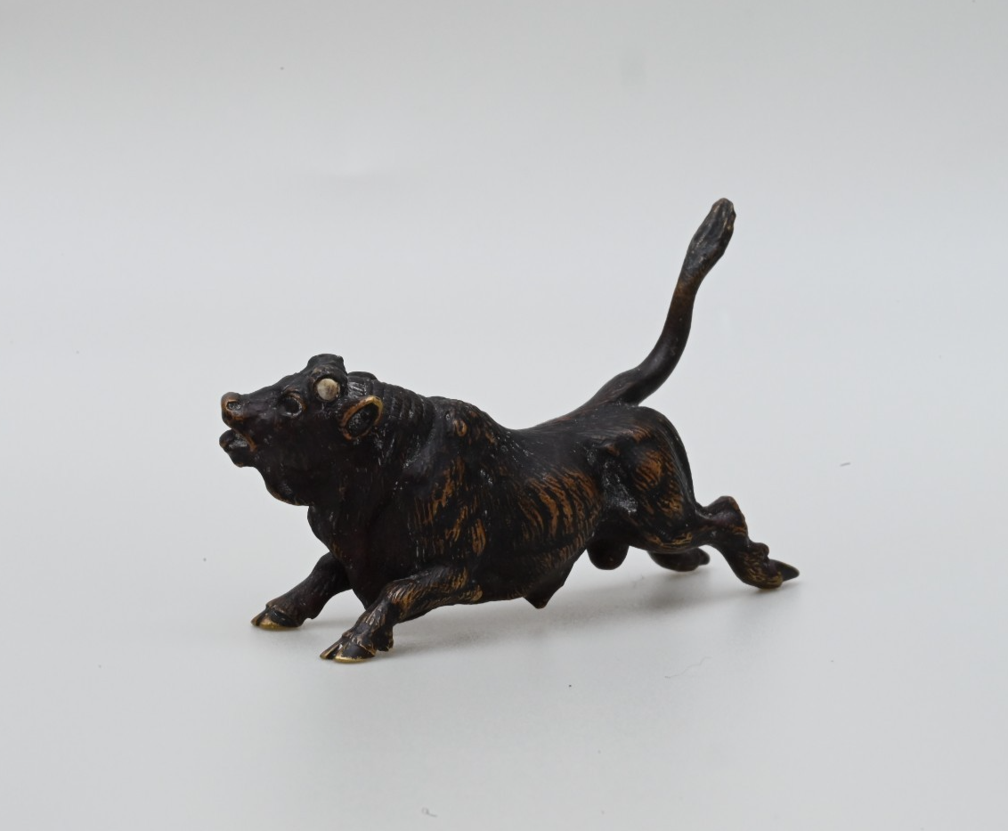 Original Antique Austrian Vienna Cold Painted Bronze Figure Running Black Bull2