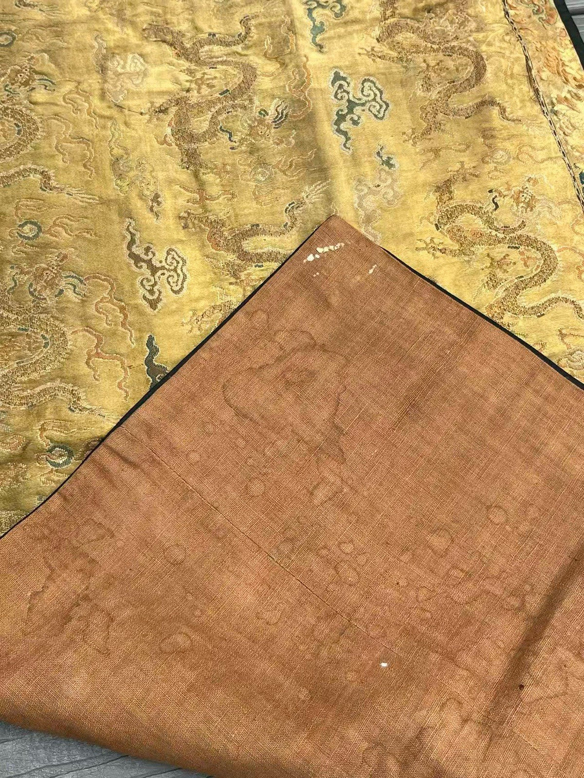Early Antique Qing Dynasty Chinese Yellow Silk Brocade Panel with Gold Dragons8