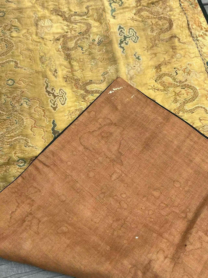 Early Antique Qing Dynasty Chinese Yellow Silk Brocade Panel with Gold Dragons8