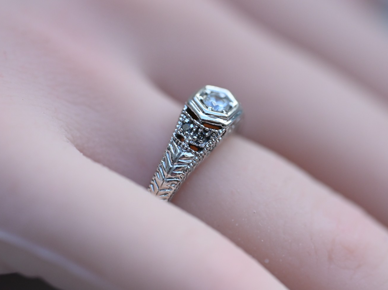 Intricate 14K White Gold Diamond Ring Geometric Hexagon Filigree Design by RLM4