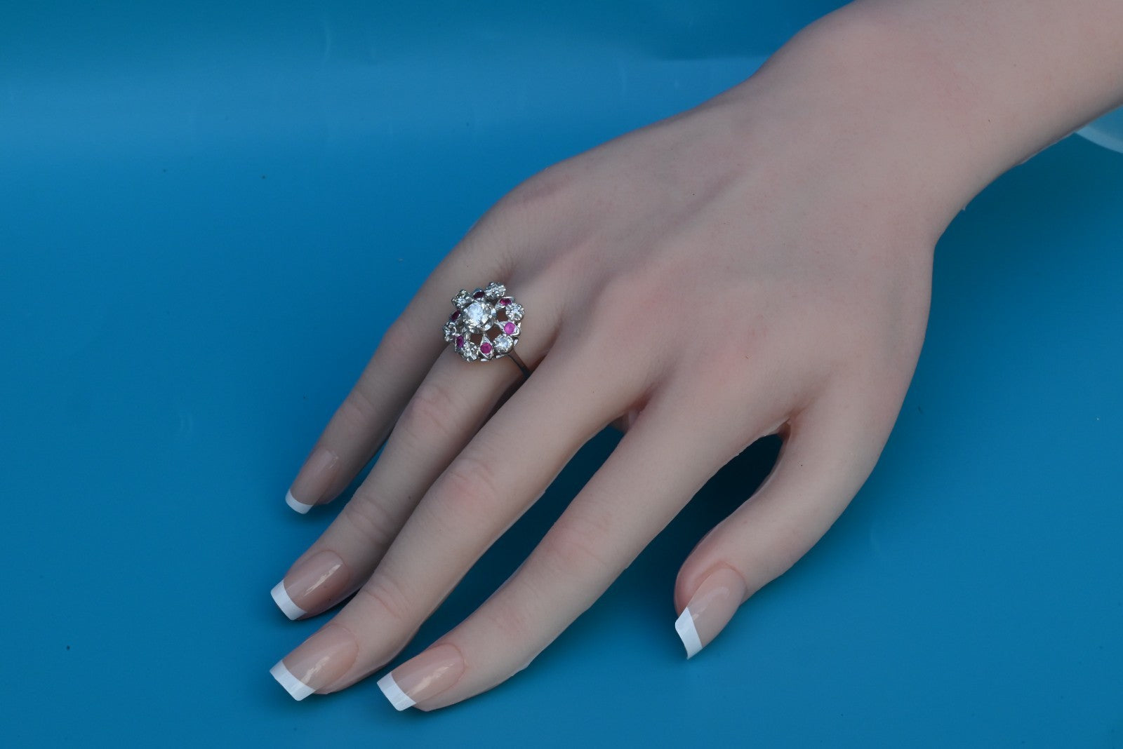 Stunning 14K White Gold .50ct Diamond Ring with Floral Halo of Rubies & Diamonds4