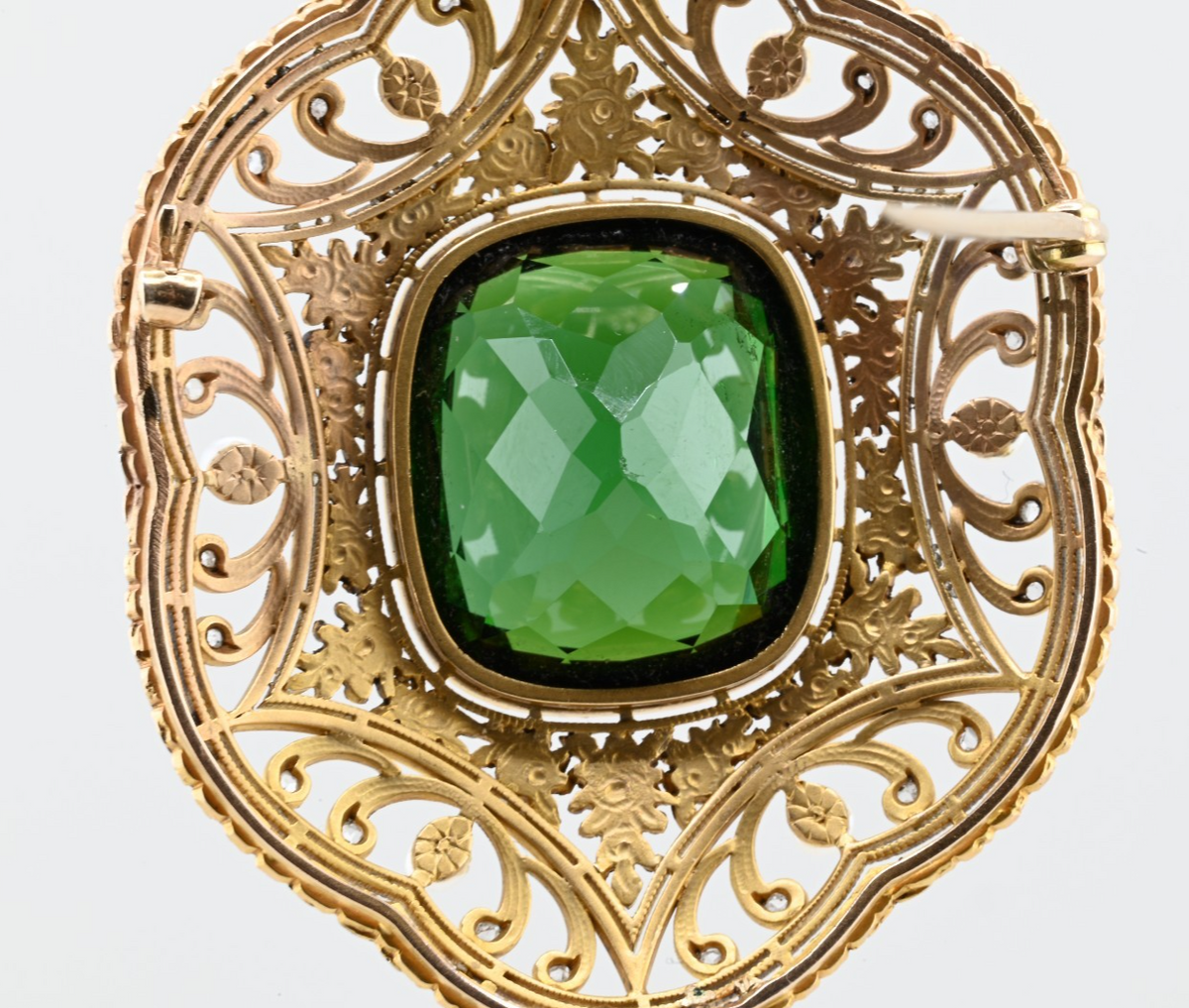 Antique 19th C. Victorian Heirloom Pendant / Brooch with Huge Tourmaline in Gold11