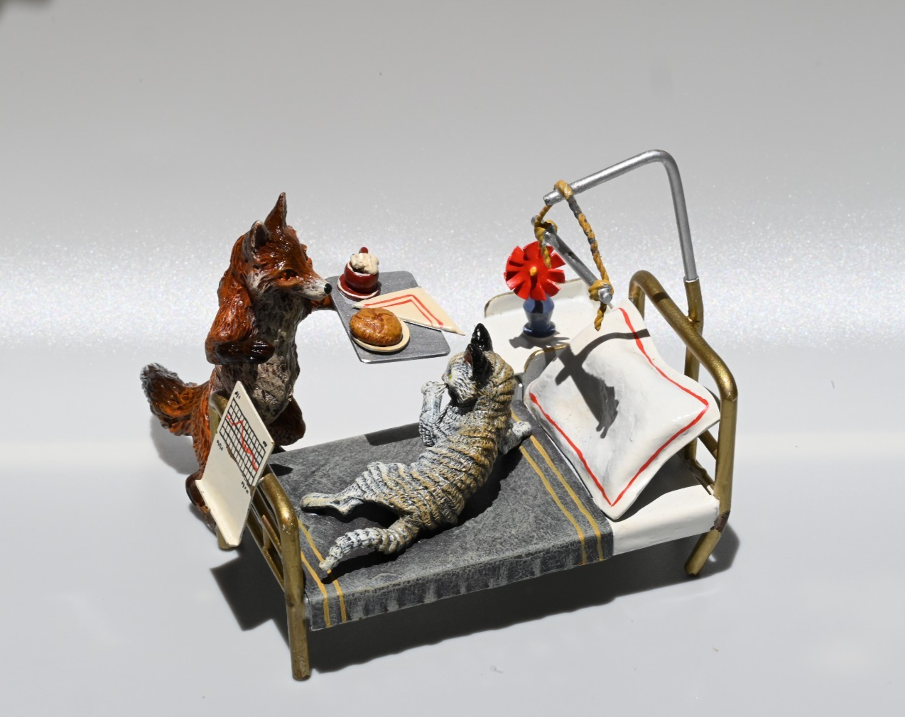 Rare Austrian Vienna Cold Painted Bronze Figure of Fox & Cat in Hospital8