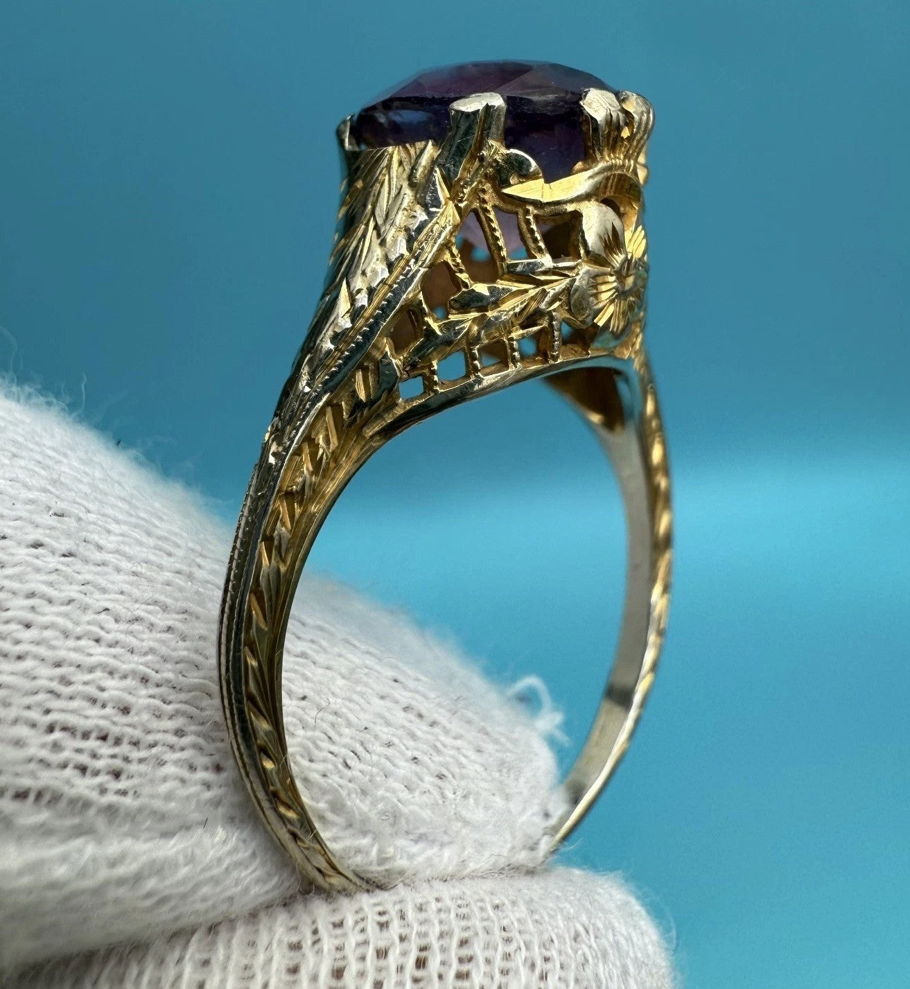 Awesome Antique Edwardian / Art Deco 1900s 14k Yellow Gold Filigree Ring 5