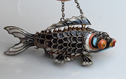 Vintage Chinese Export Silver and Cloisonné Enamel Articulated Fish Pendant2