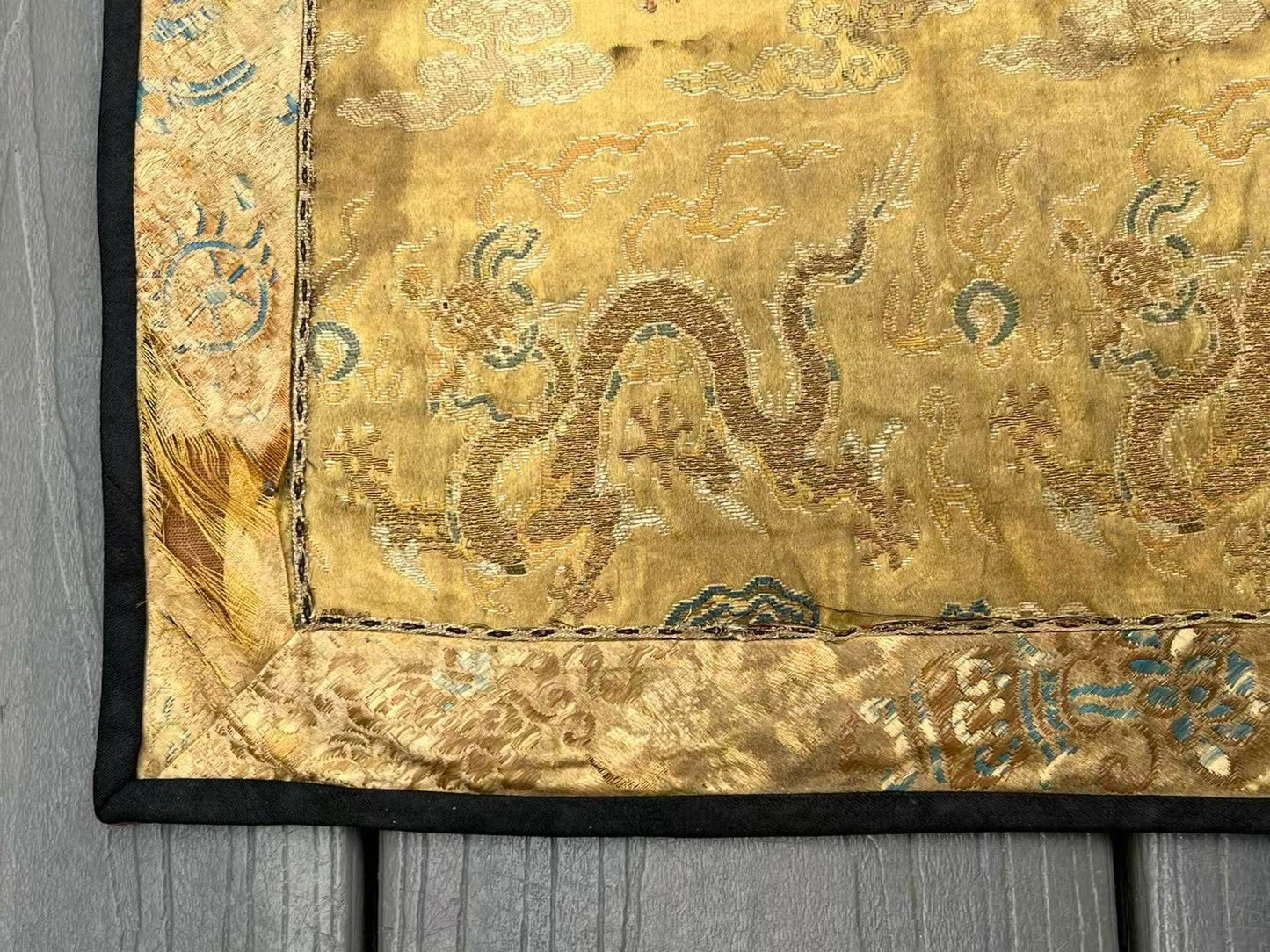 Early Antique Qing Dynasty Chinese Yellow Silk Brocade Panel with Gold Dragons5