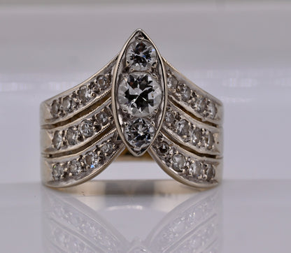 14K Retro Early Vintage Art Deco Style 3 Band Chevron Diamond Ring IGI Certified4
