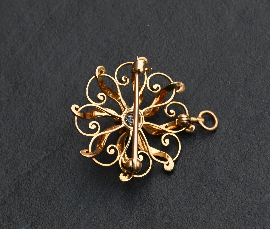 Lovely Antique Victorian-era 14K Starburst Brooch & Pendant w/ Mine Cut Diamond1
