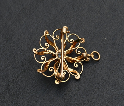 Lovely Antique Victorian-era 14K Starburst Brooch & Pendant w/ Mine Cut Diamond1