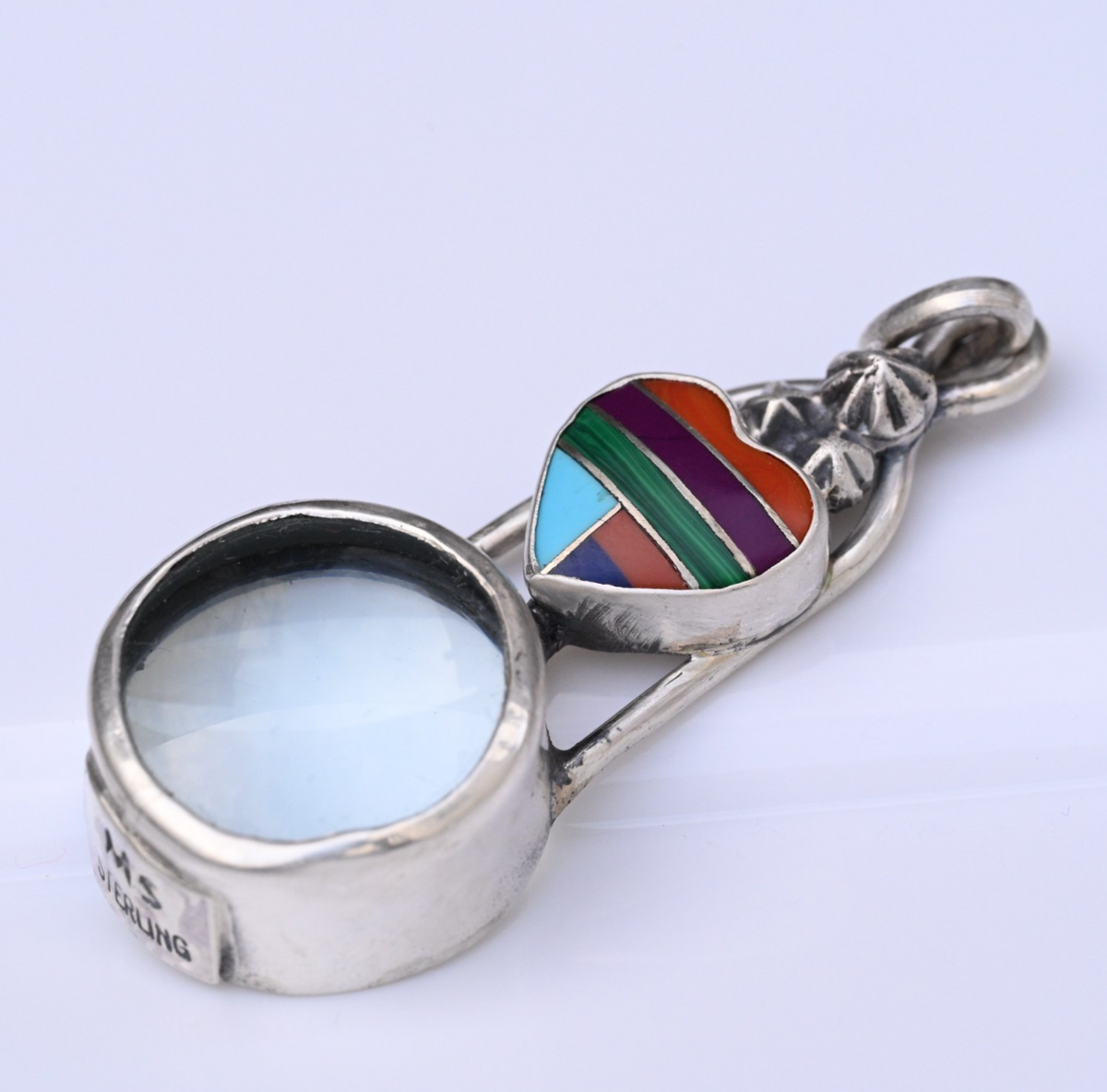 Signed MS Sterling Silver Southwest Jewelers Loupe W/ Inlay Rainbow Heart0
